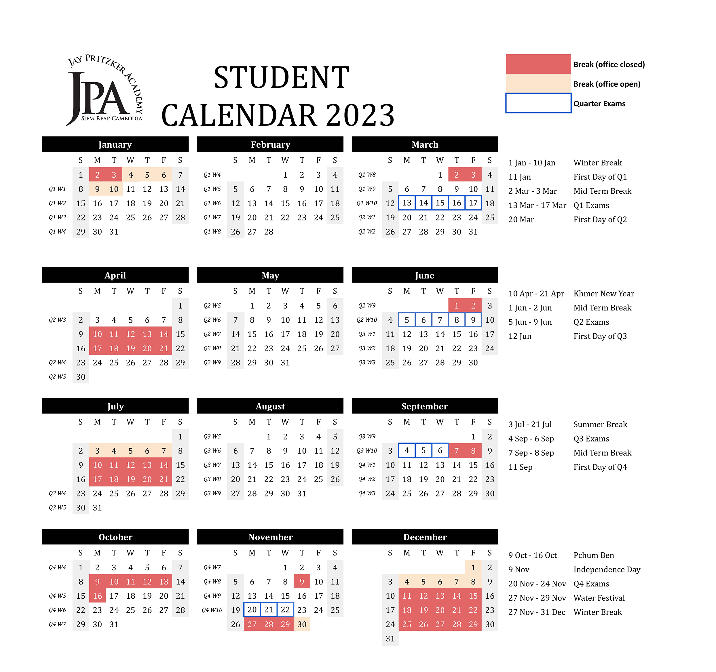 JPA Calendar 2023 School Year. Jay Pritzker Academy, Siem Reap, Cambodia