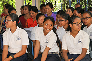 JPA Image Gallery - Students and their parents waiting for assembly to begin - Jay Pritzker Academy, Siem Reap, Cambodia