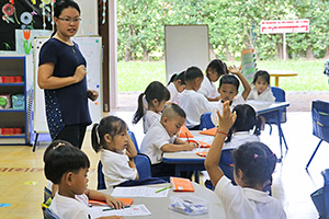 JPA Image Gallery - Primary students working at tables in class - Jay Pritzker Academy, Siem Reap, Cambodia