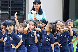 JPA Image Gallery - Kindergarten students queuing before returning to their classroom - Jay Pritzker Academy, Siem Reap, Cambodia